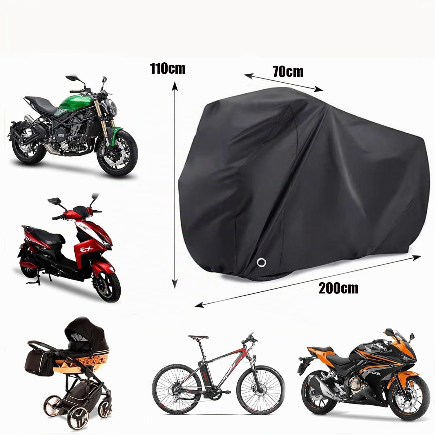 Bâche De Protection Moto Imperméable,Housse Moto Exterieur 200 X 70 X110CM,Housse De Moto en Polyester Bache Etanche Hiver Eté 210D Oxford XXL avec Trou De Serrur De Noir MotoCover