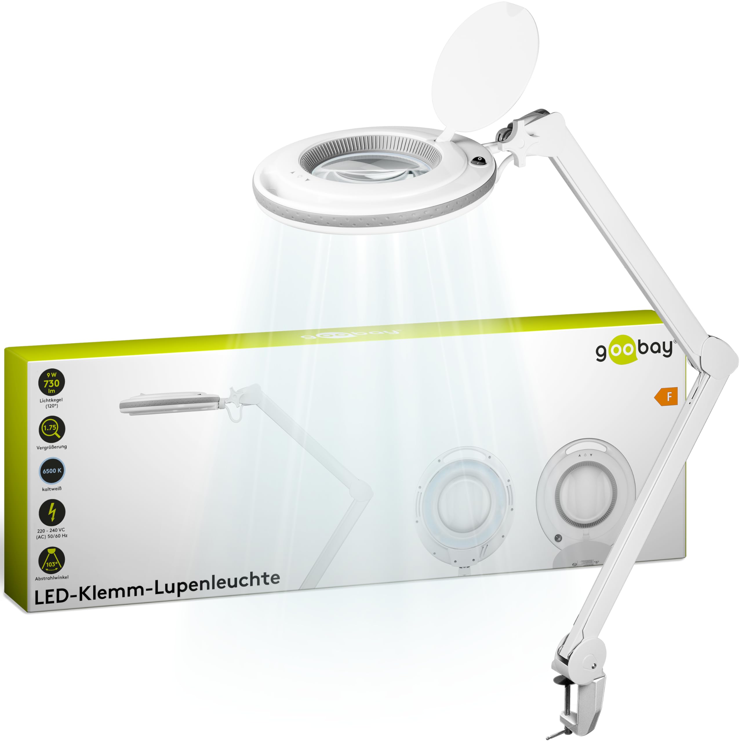 goobay 60362 LED Lupenleuchte mit Klemme / 9 W Leistungsaufnahme / 127 mm Kristall-Glaslinse/Farbtemperatur 6400 K / 1.75x Vergrößerung/Lichtstrom 83-730 Lumen/Weiß