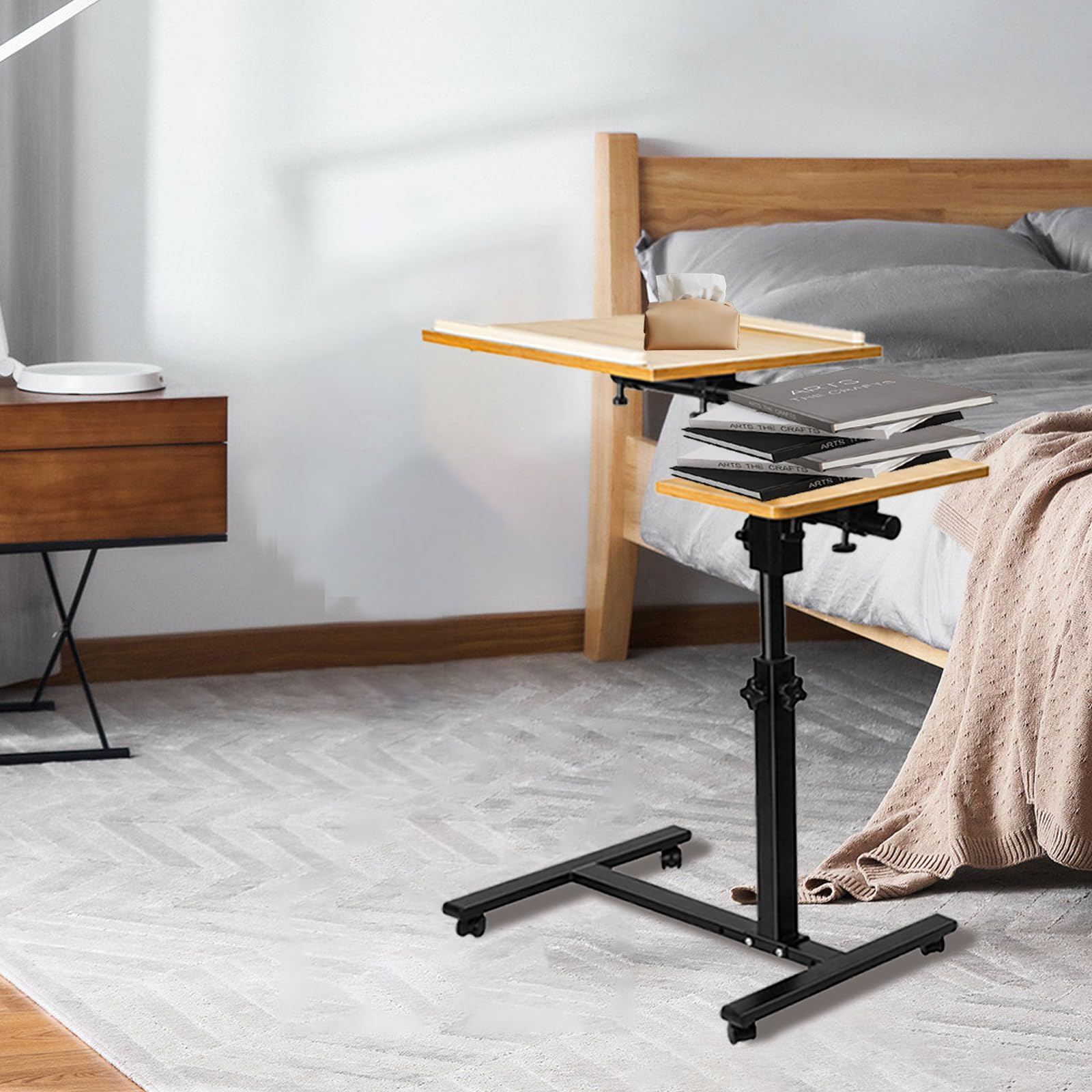 Table de Lit à Roulettes Bureau Mobile Pliable 360° Levage Rotatif 70 x 44 x 95 cm Bois