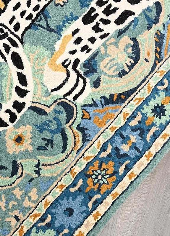 Leopard Area Rug Animal Print 9' x 12' Blue Oriental Accent for Living Room Bedroom Office Decorative Carpet Vintage Floor Decor