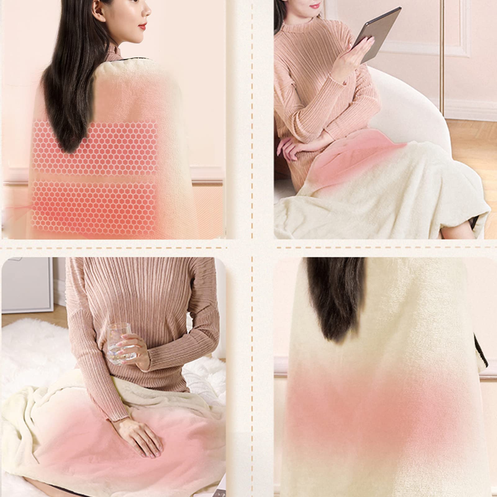 Manta calefactora eléctrica, portátil, suave, otoño invierno, manta calefactora profesional de grafeno con 3 niveles de calefacción y 4 horas de apagado automático, alimentación por USB, beige (rosa)