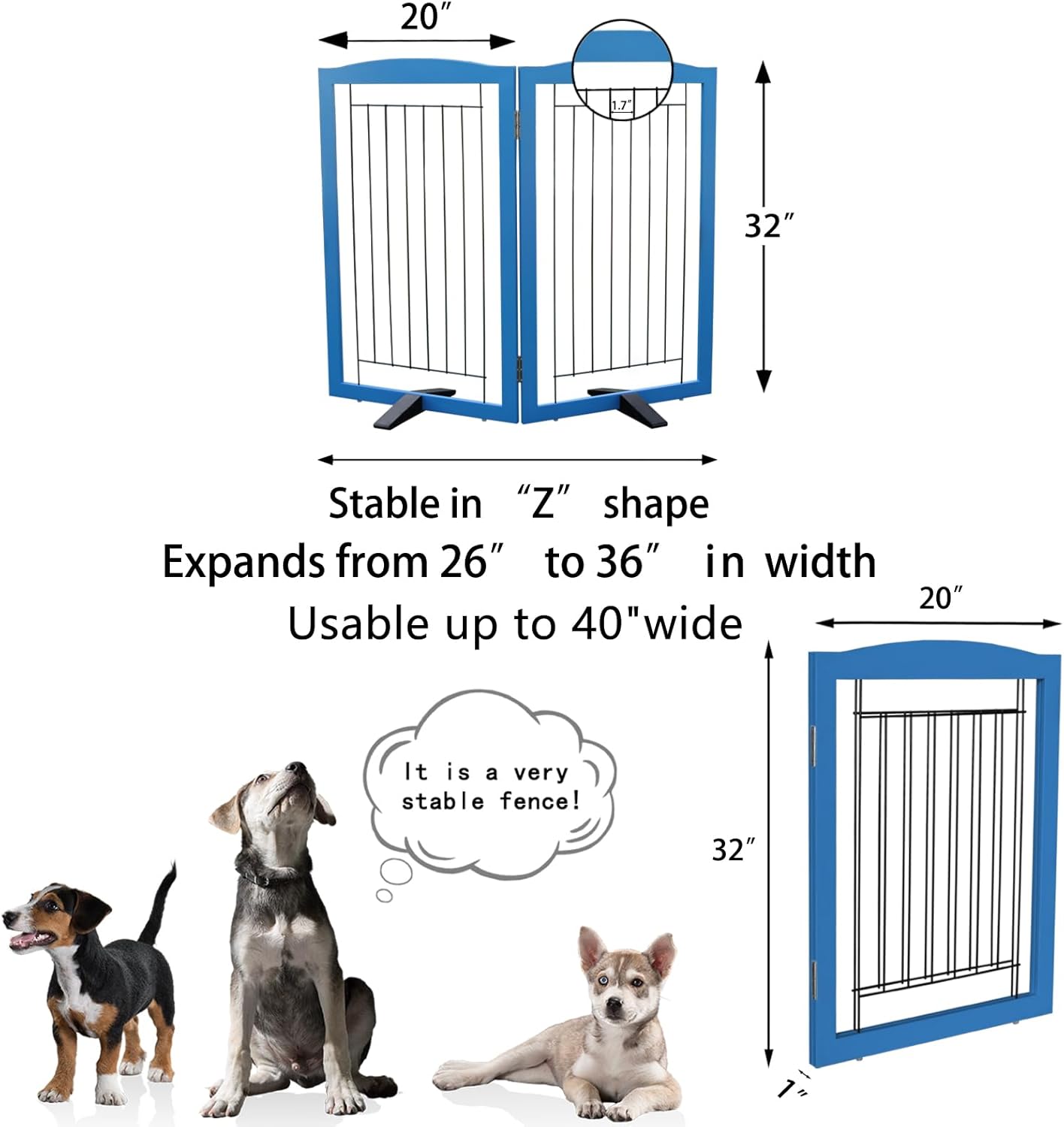 ZJSF Freestanding Dog Fence Indoor, Foldable Dog Gate for Doorways, Stairs or Hallways, Sturdy Wood Extra Wide Pet Gate with Support Feet for The House, Blue, 32 "Height-2 Panels