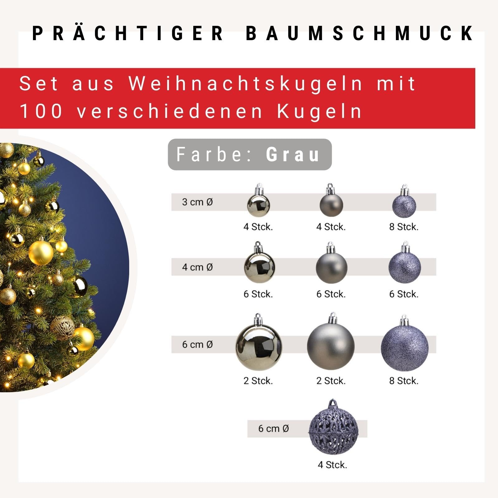 WOMA Christbaumkugeln Set Grau & 22 weiteren Farben - 50er & 100er Weihnachtskugeln Set - Weihnachtskugeln Kunststoff