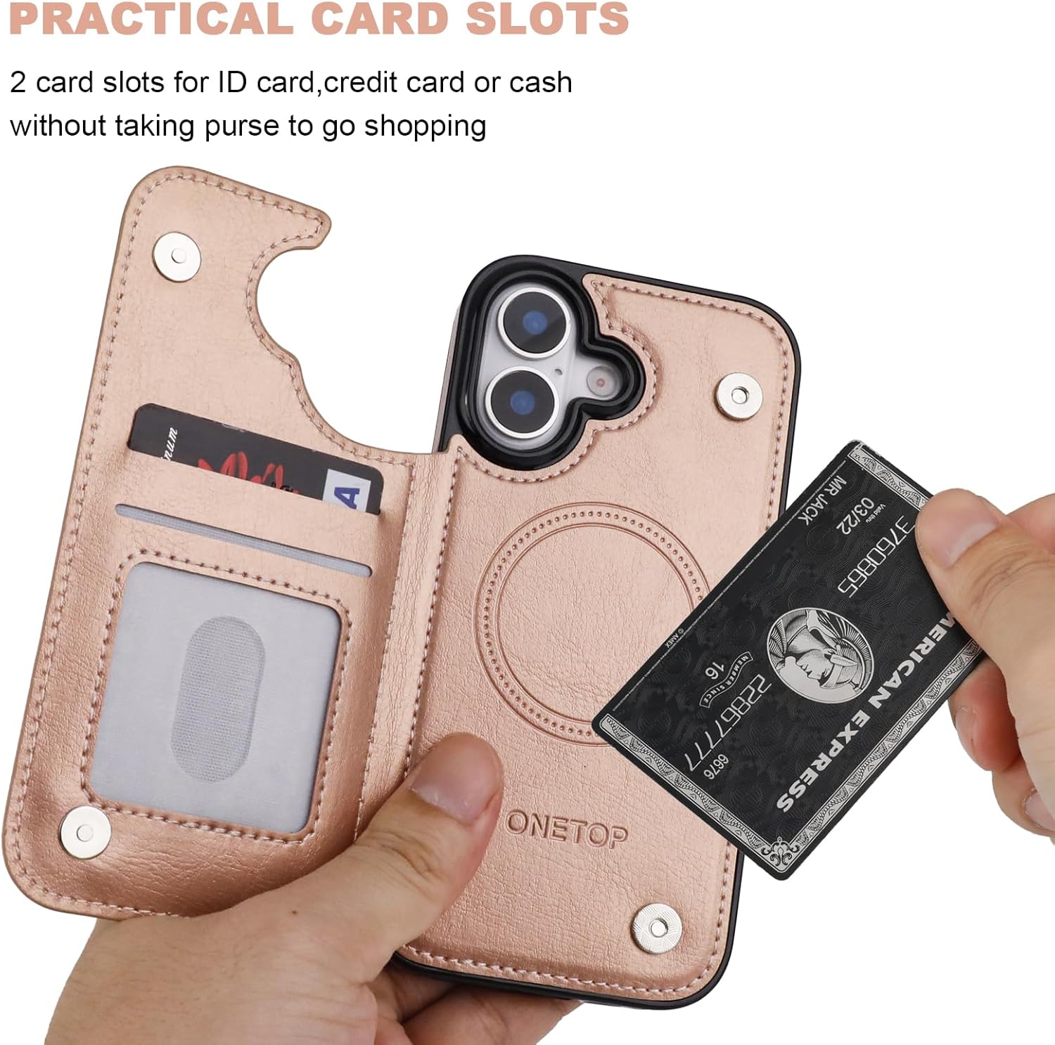ONETOP Compatible with Magsafe for iPhone 17 Wallet Case with Card Holder, PU Leather Kickstand RFID Blocking Case, Double Magnetic Clasp and Durable Shockproof Cover 6.3 Inch (Rose Gold)