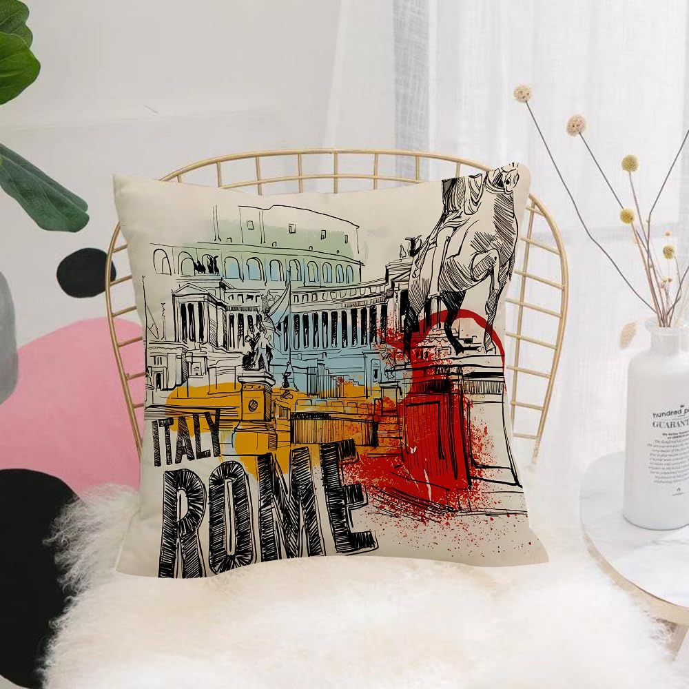 HYOSXW Cushion Cover,Throw Pillow Case Home Decorative for Living Room Bedroom Sofa Chair 16X16 Inch,Collage of Rome landmarks, urban graffiti of the Colosseum and statues,Pillowcase 40X40cm