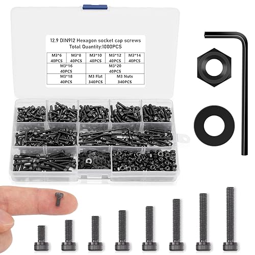 NOVWANG Kit surtido de 1000 tuercas y tornillos, M3 de tornillos métricos, M3 x 6810121416180.787 in, kit de arandelas de cabeza de botón hexagonal