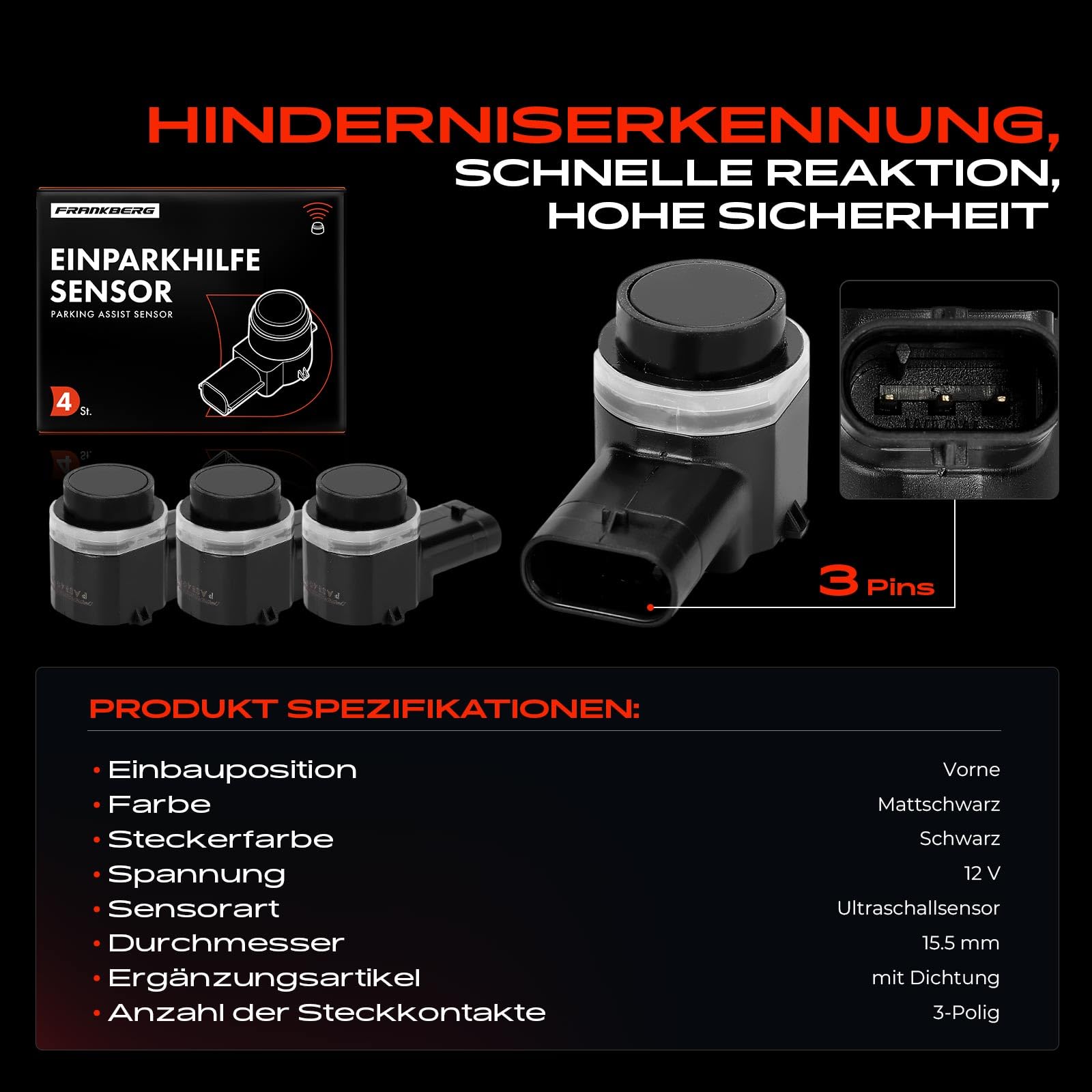 Frankberg 4X Parksensor Parking Asist Sensor 3-polig Vorne Hinten Kompatibel mit C30 533 1.6L-5.5L 2006-2012 S80 II 124 1.6L-3.2L 2010-2016 XC90 I 275 2.4L-4.4L 2002-2014 Replace# 31341637