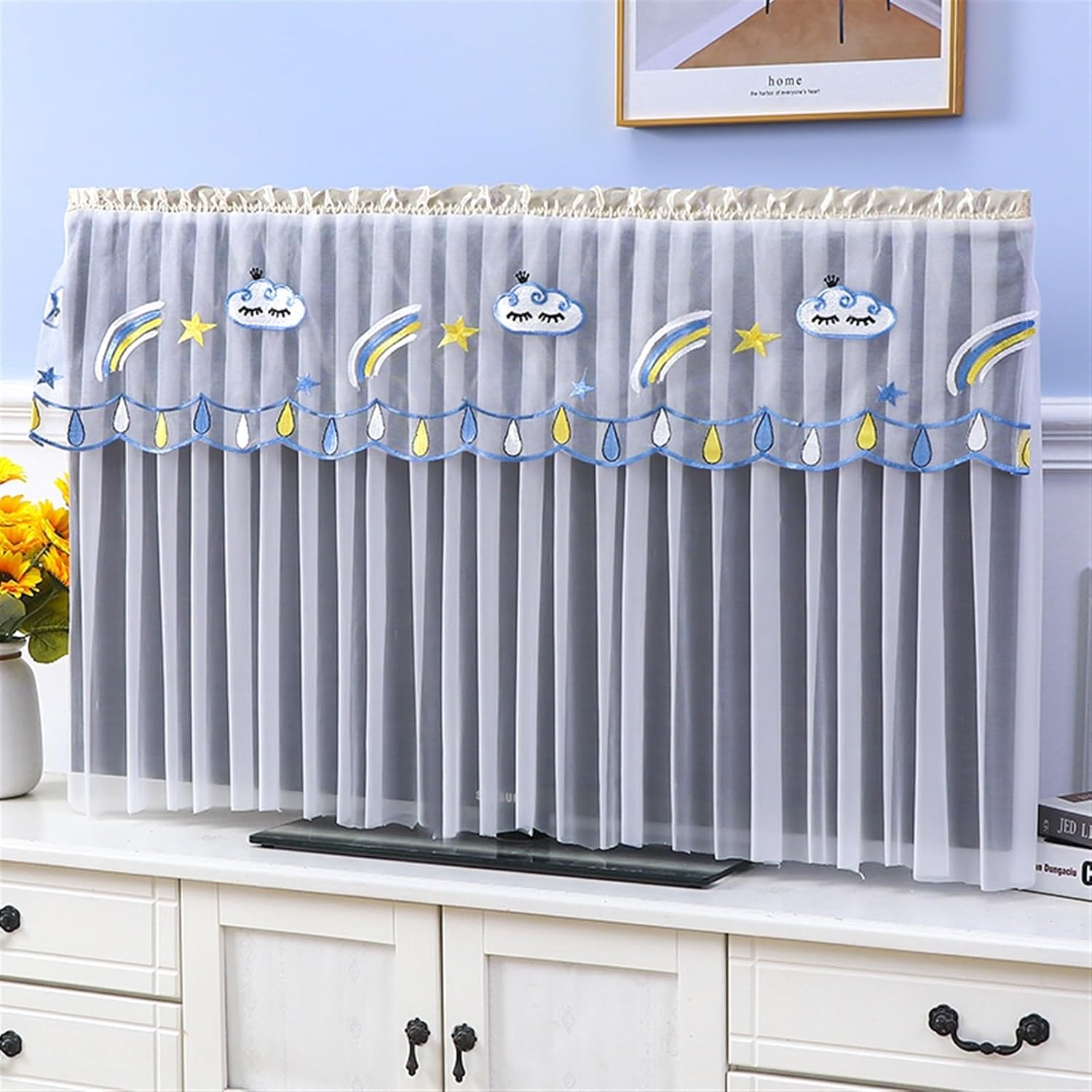 Lace Tv Cover Universal Tv Enclosure Dustproof Cover Display Protectors, Soft Fabric Tv Dust Cover for 32-85 Inch Tvs, Decorative Tv Screen Protector(75inch,White E)