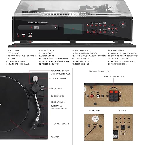 Miniatura 7 de LUXSWAY Reproductor de tocadiscos con reproductor de altavoz estéreo Centro multimedia con control remoto reproductor de CD con pantalla LCD USB,