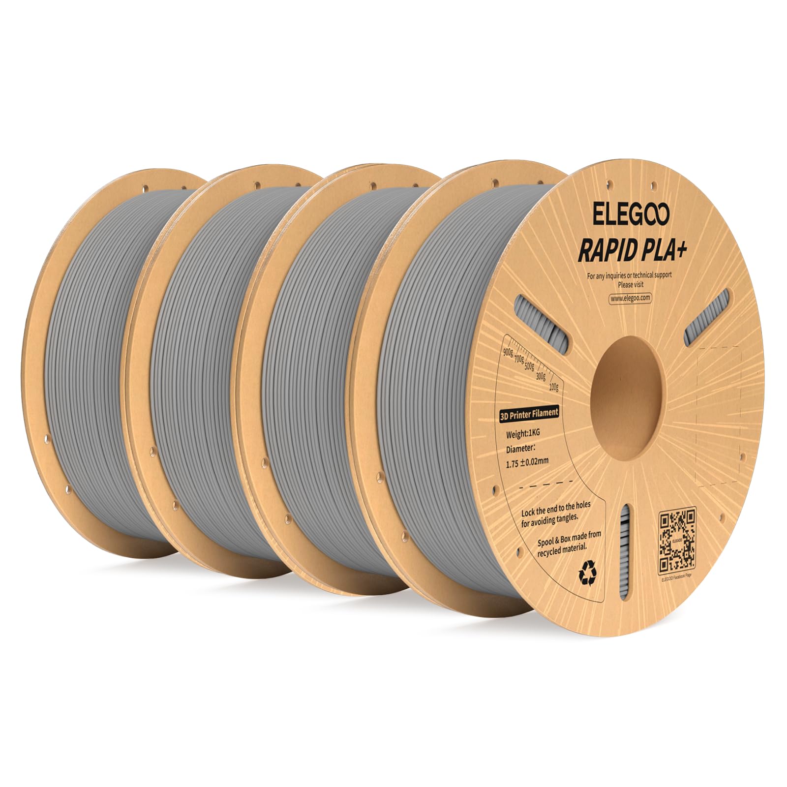 ELEGOO Rapido PLA+ Filamento Stampante 3D 1.75mm Grigio 4KG | Alta Velocità 30-600 mm/s, Precisione Dimensionale +/- 0.02mm, Per la maggior parte delle Stampanti 3D