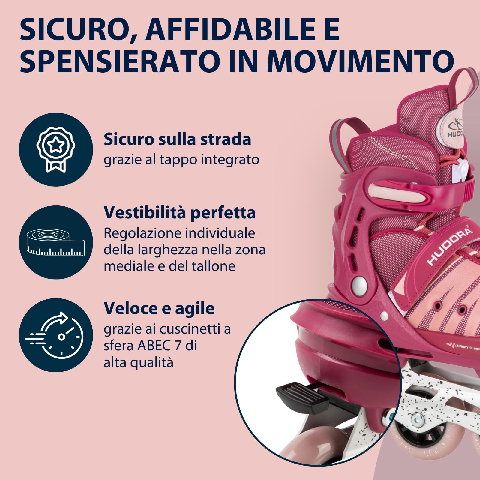 HUDORA Pattini in linea Comfort - Pattini a rotelle regolabili bambini ragazzi 6 misure larghezza lunghezza traspiranti