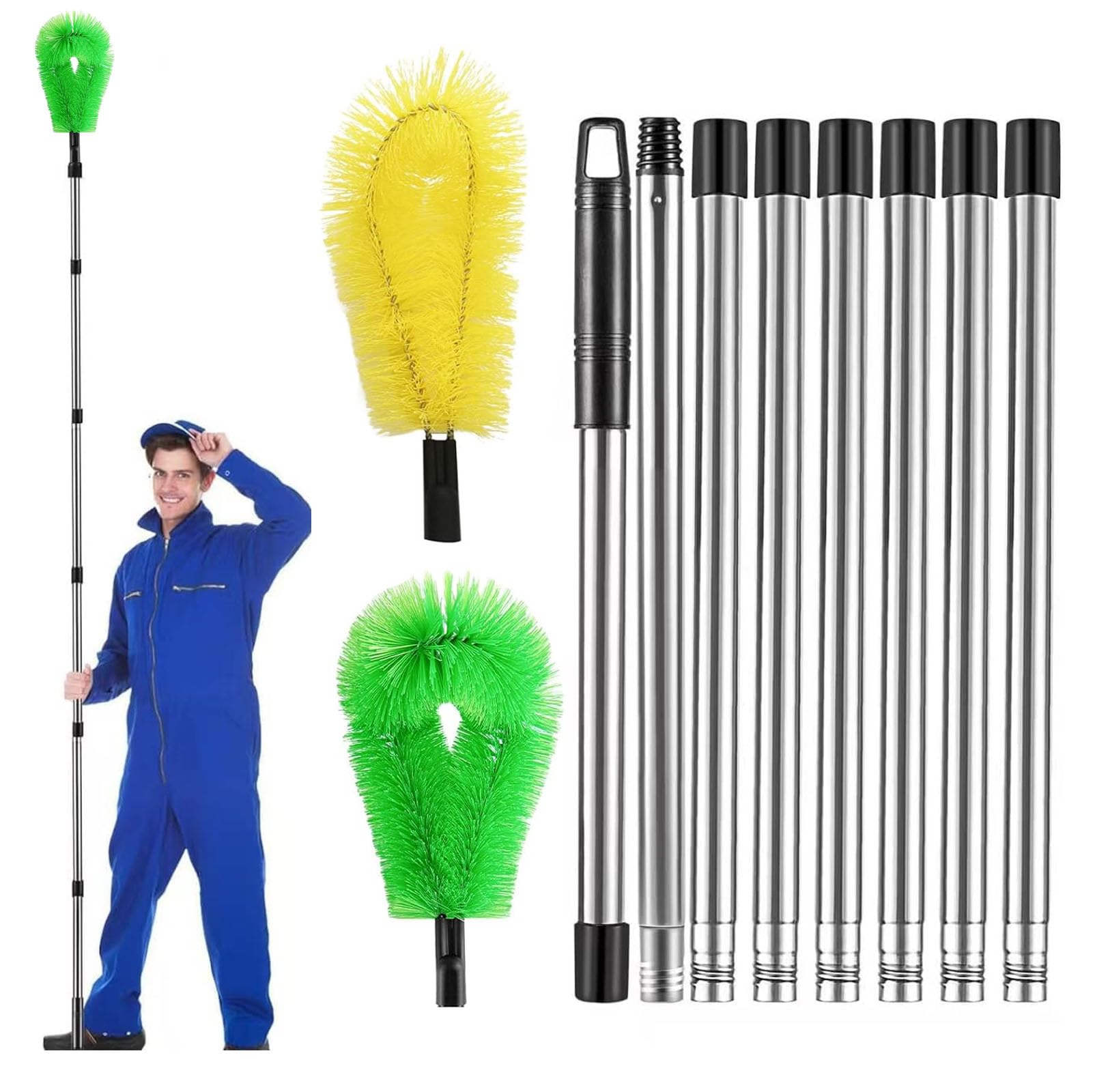 Herramienta Limpieza Canalones con 8 Poste Telescopico Acero Inoxidable, Limpiador Hojas Techos Extensible 310 cm, Cepillo Limpiar Nieve Tejado (Verde+ Amarillo)