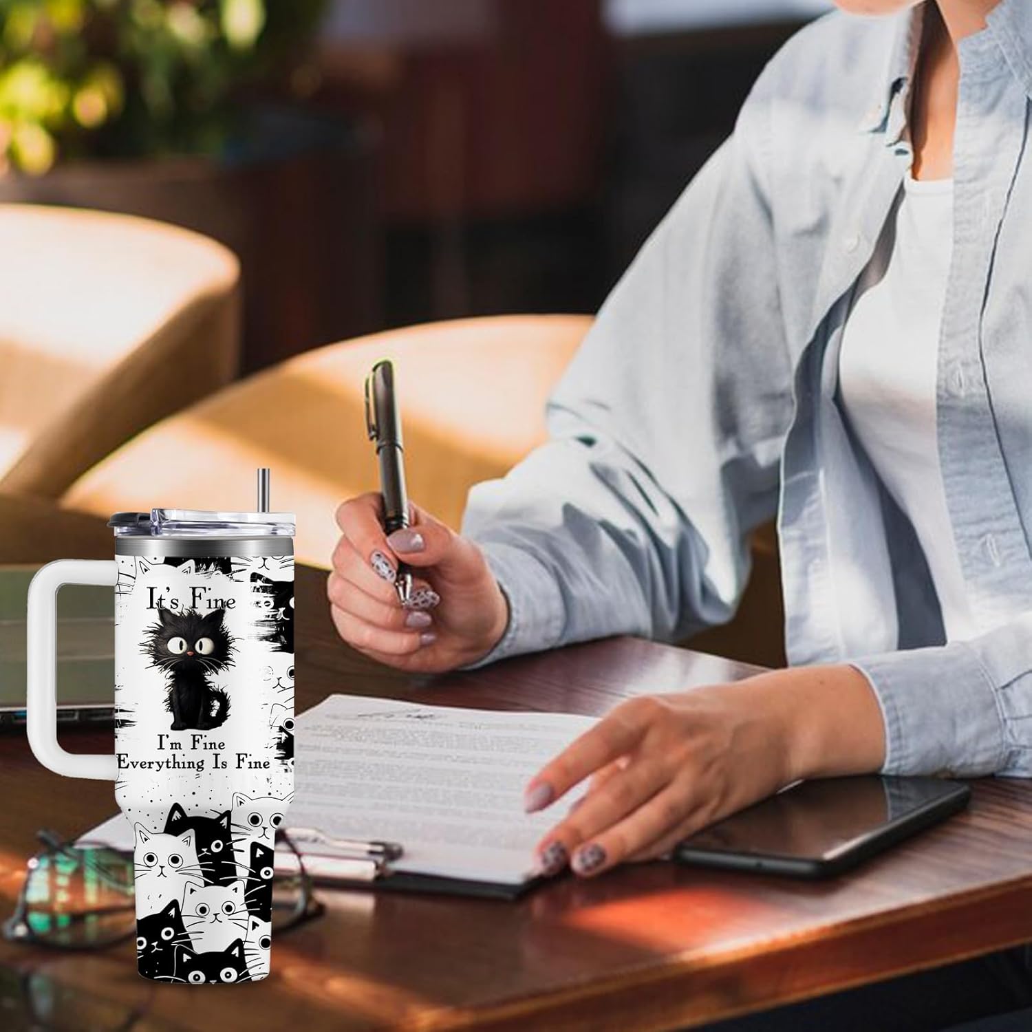 Cat Lover Gifts, Gift for Cats Lovers Women Men Girls Funny 40oz Black Cats Themed Tumbler Cups with Handle - Everything Is Fine Mug, Christmas Birthday Gift for Black Cat Mom Lady Gifts Cup - Image 8