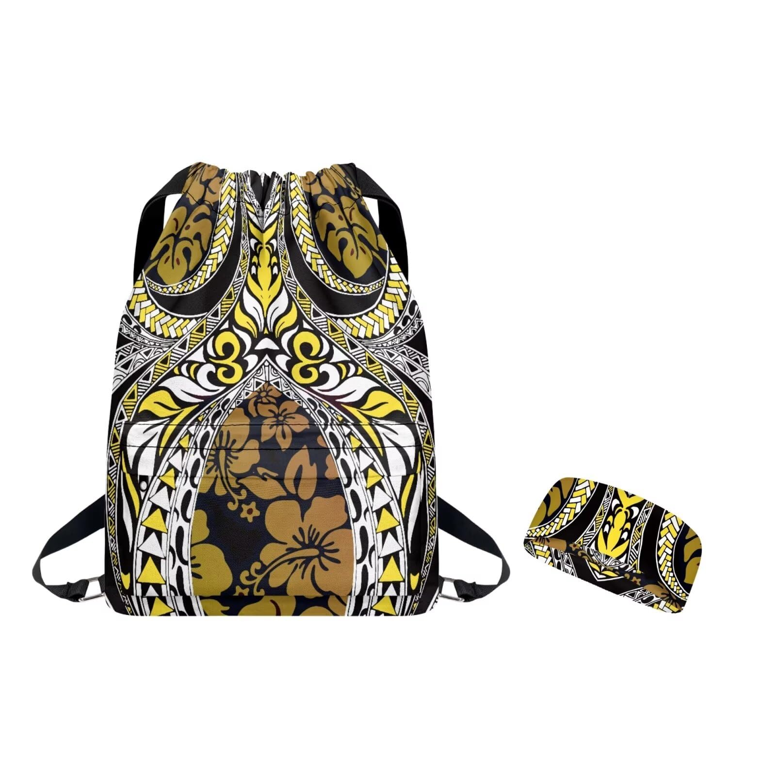 ZCFYGDX Sports Drawstring Backpack & Gym Headband Set, Gym Bag Polynesian Design Style,Large String Bag Cinch Sackpack with Side & Inner Zipper Pocket