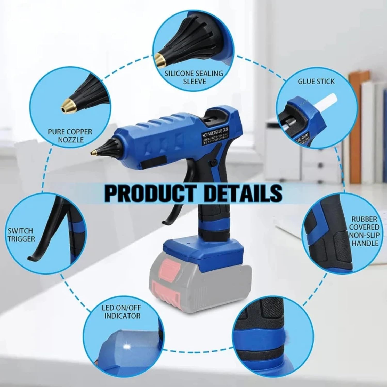 50W Cordless Hot Glue Gun for Power Tool Batteries, Fast Heat Up with LED Indicator, Compatible with Bosch 18V Battery, Includes 20pcs 7mm Glue Sticks for Arts & Crafts & DIY (No Battery)​