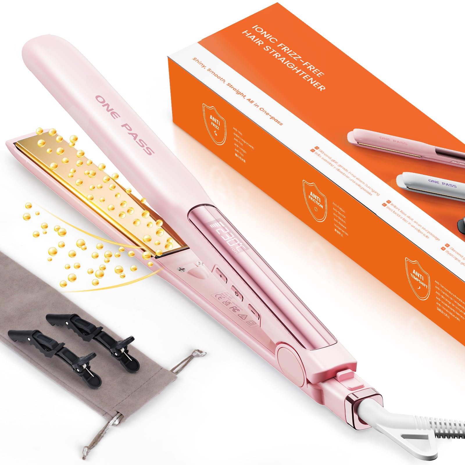 Faszin Planchas del Pelo 2 en 1, Calienta en 20s Plancha Pelo | de Titanio con Iones Plancha de Pelo, Pantalla LCD Clara, Ideal para Alisar, Rizar y crear Ondas -Rosado