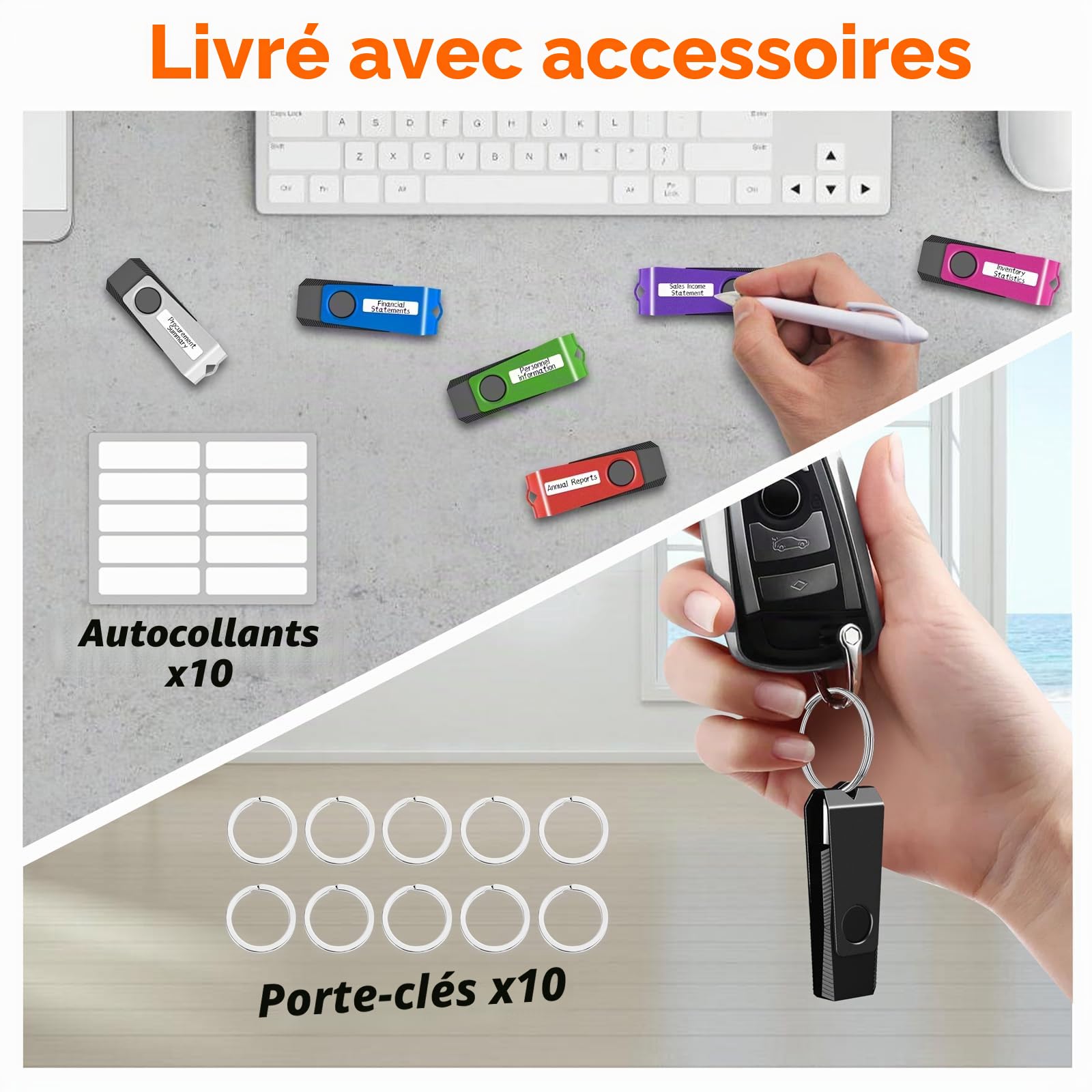 TEWENE Lot de 10 clés USB 3.0 de 8 Go, avec porte-clés et autocollant, pour ordinateur, voiture et TV