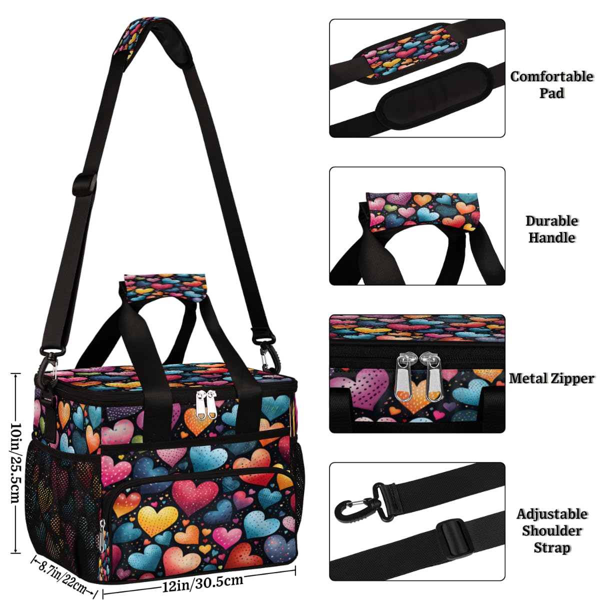 Love Insulated Picnic Backpack Lunch Box for Women Men Picnic Basket Tote Lunch Bag Picnic Bag Portable Lunch Bags for Picnic, Beach, Work, Trip,Office, Camp Cute Colorful Hearts