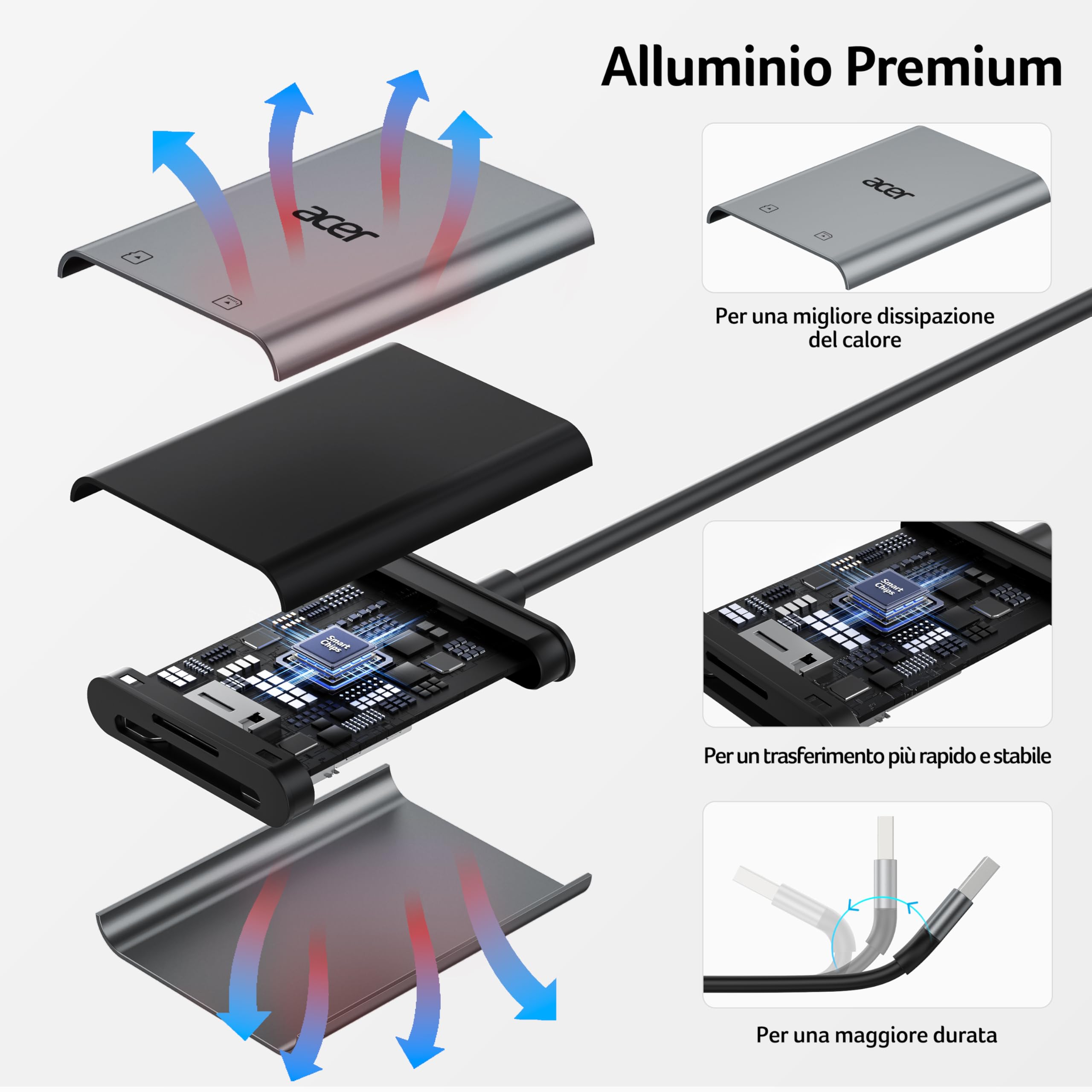 Acer Lettore di schede SD USB 3.0 con cavo, SD Card Reader usb per fotocamere in alluminio UHS-I, adattatore USB-A micro SD ad alta velocità, compatibile con SDXC, micro SDHC, TF, RS-MMC, computer