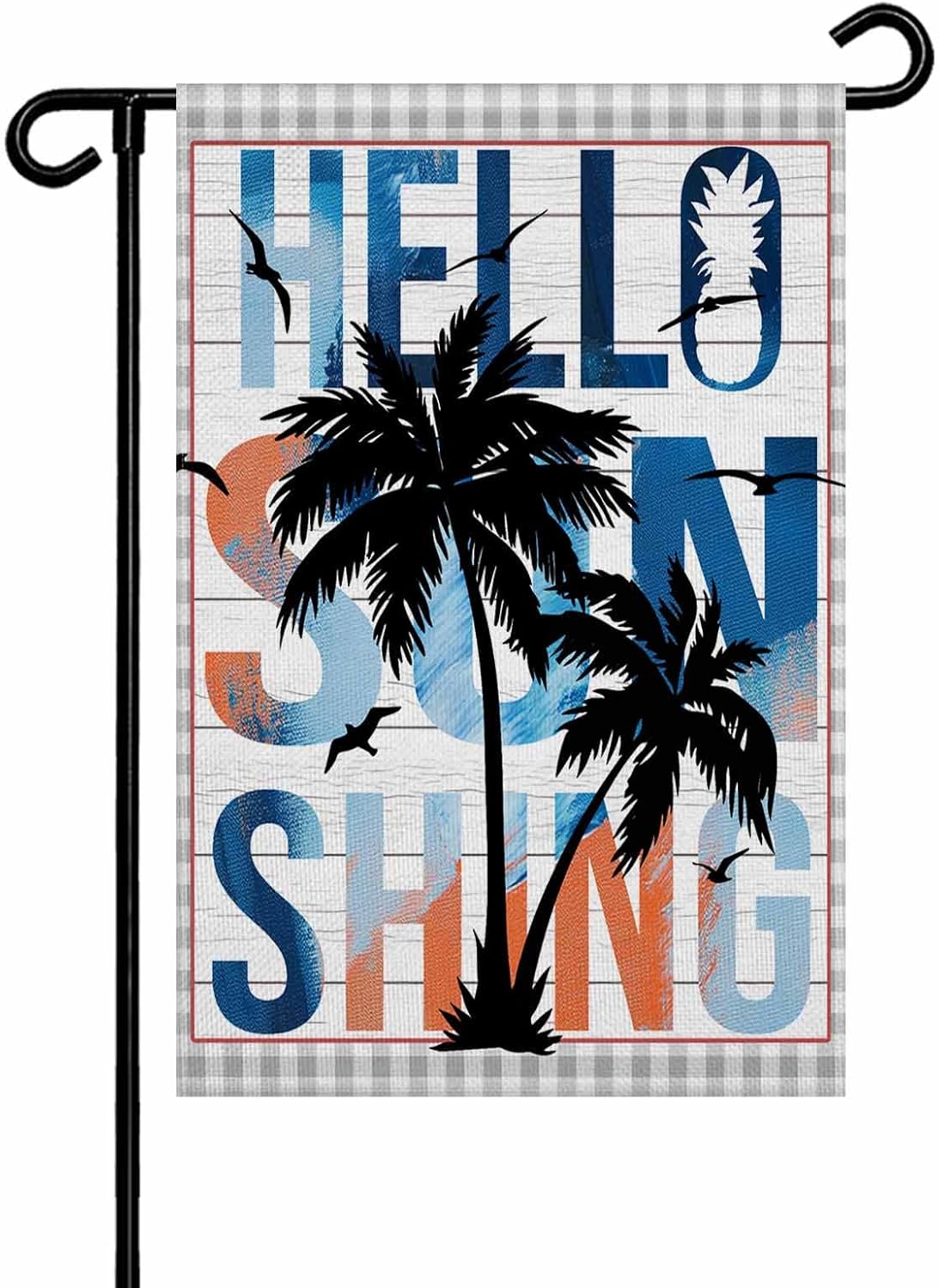 Garden Flags 28"x40" Double-Sided, Outdoor Decor with Reinforced Edges, Hello Sunshine Palm Trees Bird Wood Grain Gray Plaid Flags for Yard Porch Lawn Bedroom Wall