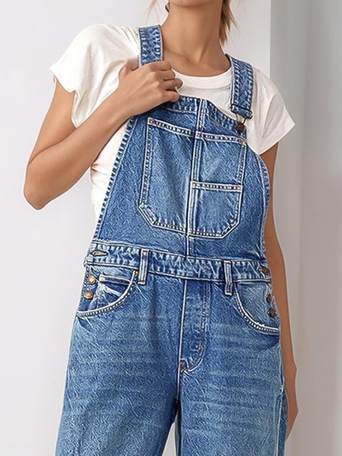 Flamingals Barrel Leg Stitch Detail Button Side Denim Overalls for Women Casual Jumpsuits with Pockets