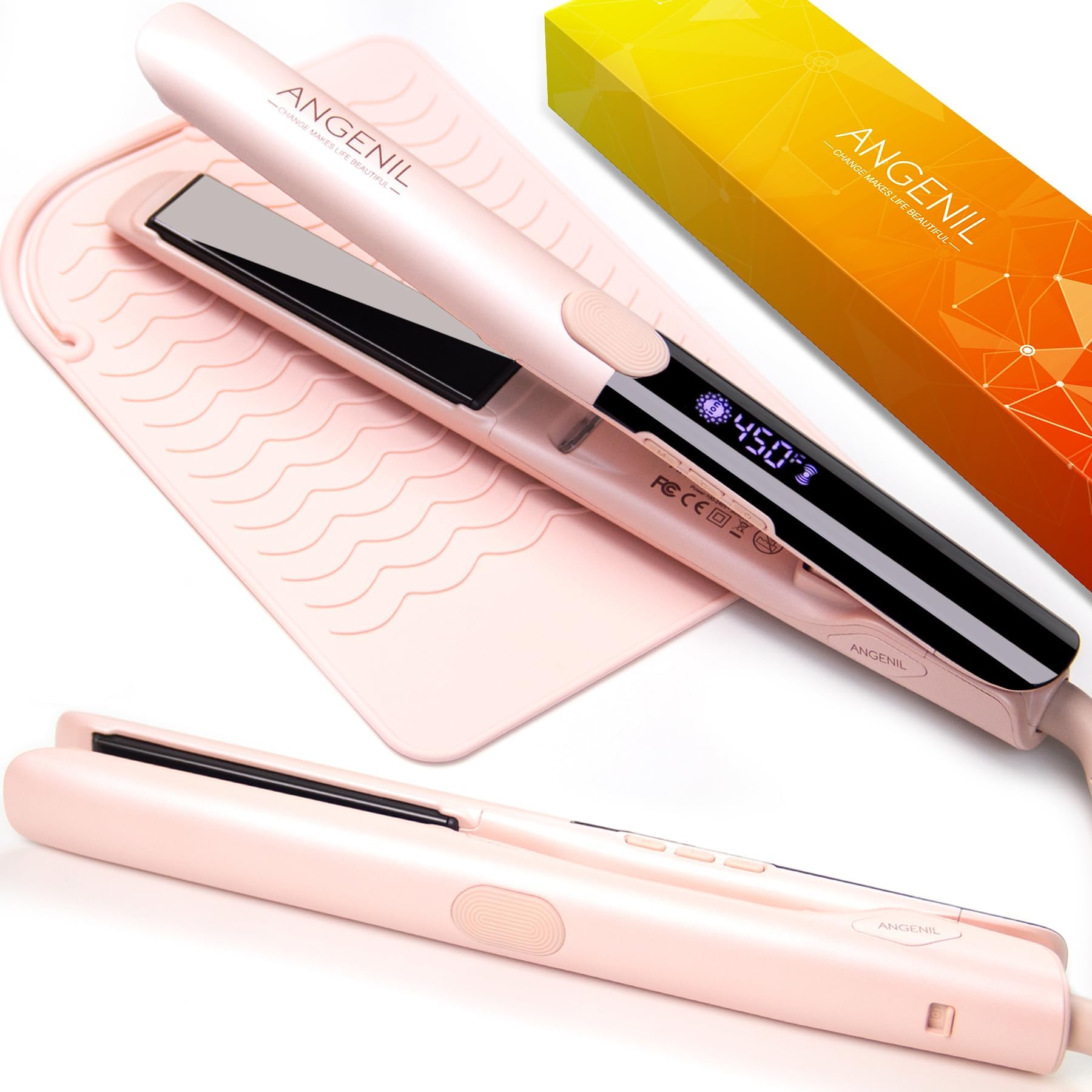 – ANGENIL Pro Titanium Flat Iron Hair Straighteners for Women, Dual Voltage Hair Straightening and Curling Iron in One, 20s Fast Heating, Ionic Round Pink Travel Straighteners with Heat Proof Mat