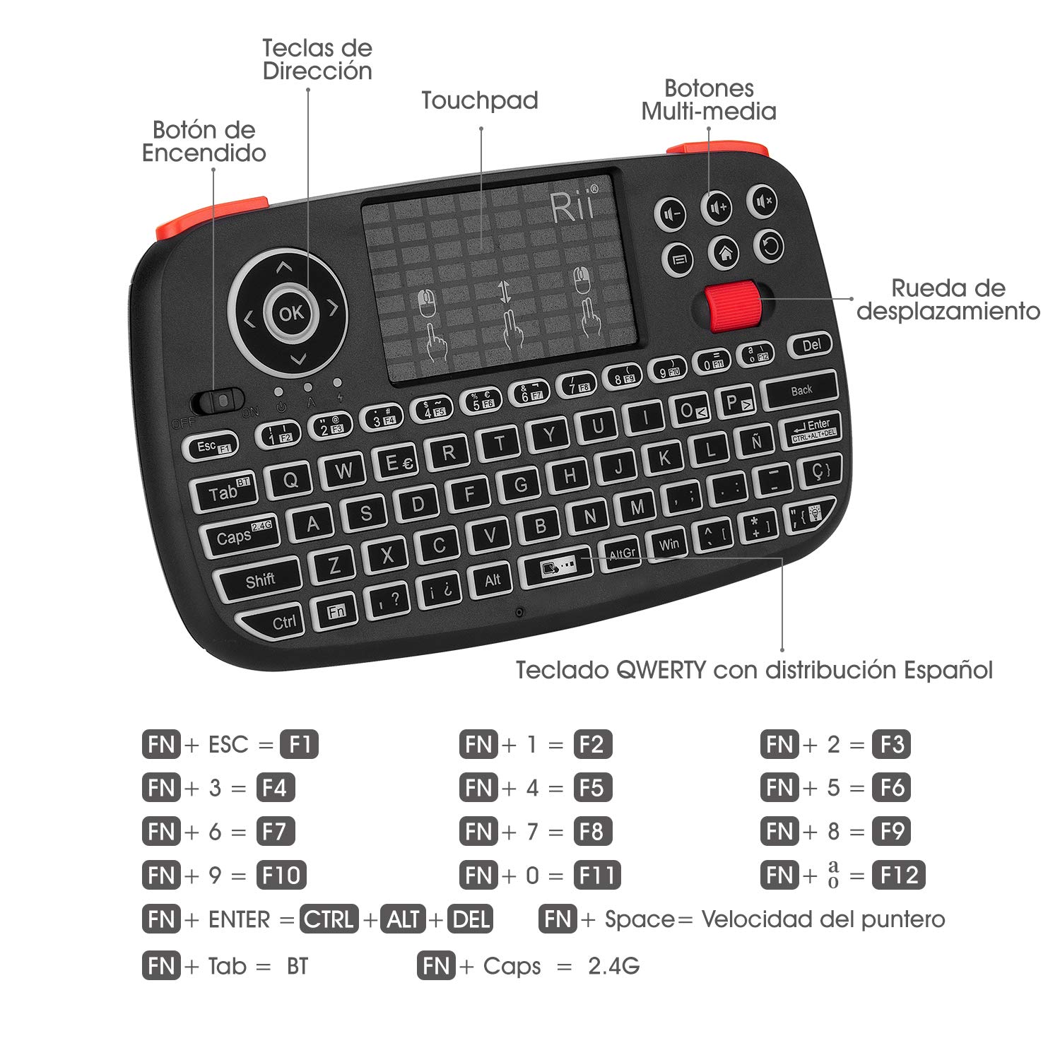 Rii i4 Mini Bluetooth Teclado inalámbrico retroiluminado, 2 en 1 (Bluetooth & Wireless 2.4 GHz), QWERTY español, para iOS, Android,Windows