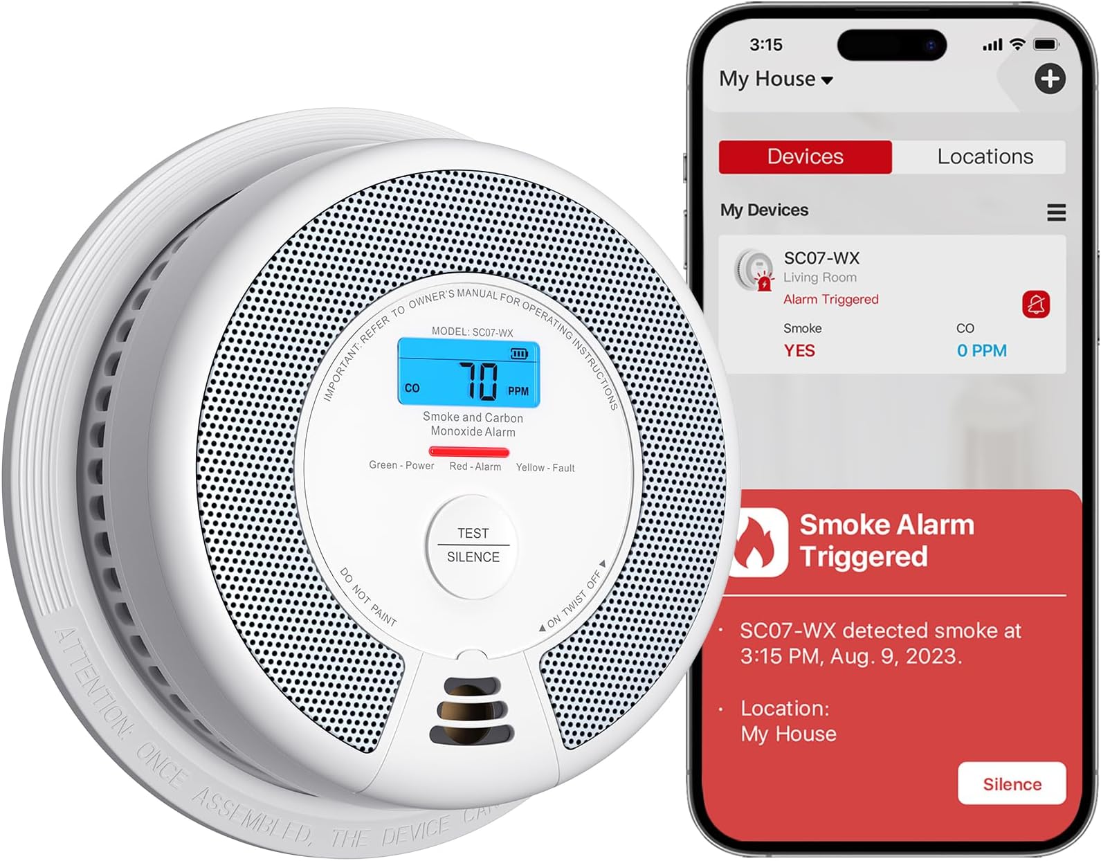 Wi-Fi Combination Smoke Alarm and Carbon Monoxide Alarm with Replaceable Battery, Smart Fire Alarm Compatible with X-Sense Home Security App, SC07-WX, 1-Pack