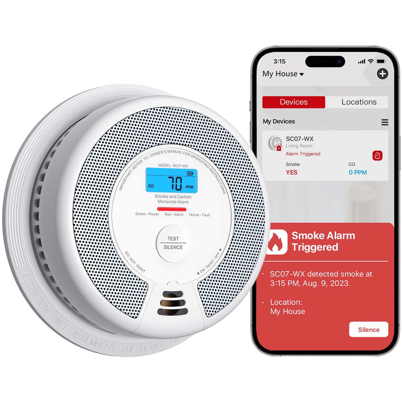 X-SenseWi-Fi Combination Smoke Alarm and Carbon Monoxide Alarm with Replaceable Battery, Smart Fire Alarm Compatible with X-Sense Home Security App, SC07-WX, 1-PackGreenCircle Certified: Certified Energy Savings