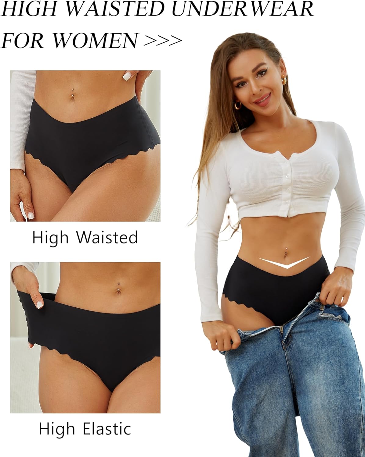 Sth Big High Waisted Seamless Underwear for Women No Show Panties Cheeky Scalloped Edge Bikini Breathable Briefs 6 Pack - Image 5