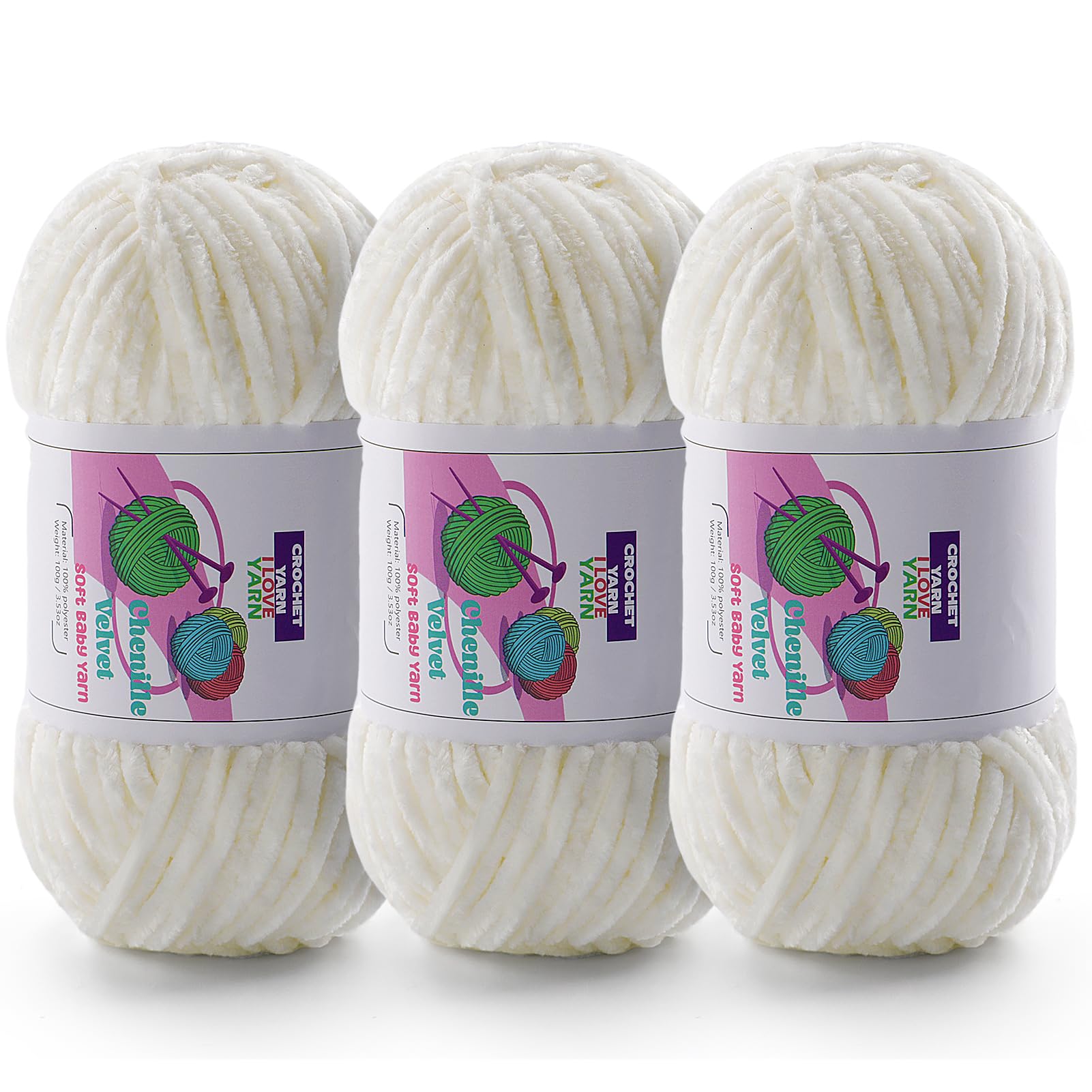Chenille Velvet Yarn for Crocheting, White Fuzzy Fluffy Yarn for Crochet