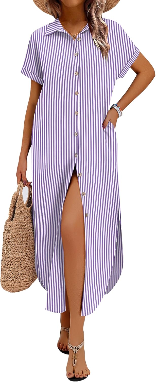 Zeagoo Womens Dresses Casual Summer Short Sleeve Button Down Long Shirt Dresses Swimsuit Beach Cover Ups with Pockets