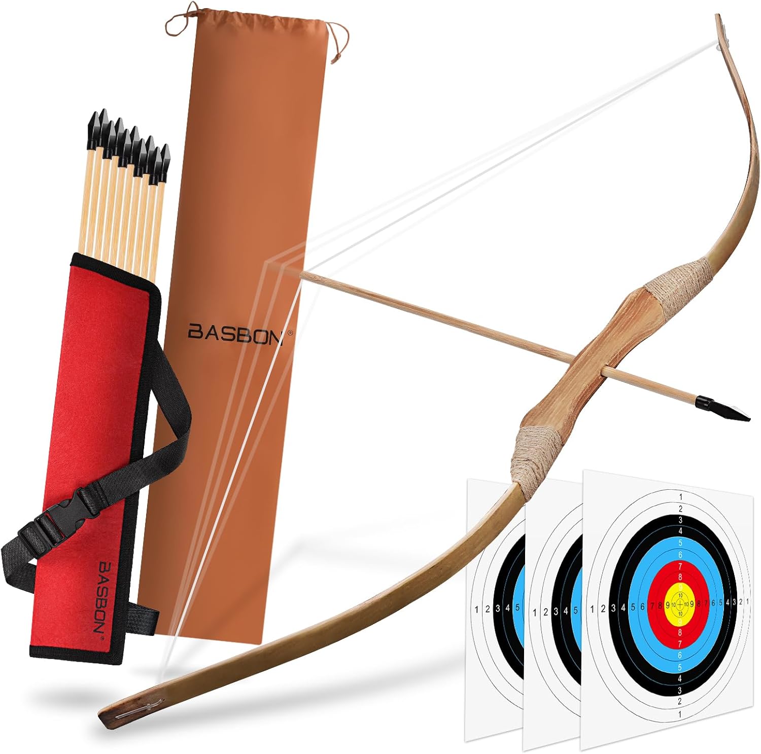 Kids Bow and Arrow Set, 32 Inch Archery Set Handmade Wooden Toy Bow and Arrow for Kids 6-8 8-12, 1 Bows 1 Quivers 10 Arrows 3 Targets & Storage Bag, Gifts for Youth Boys and Girls Red