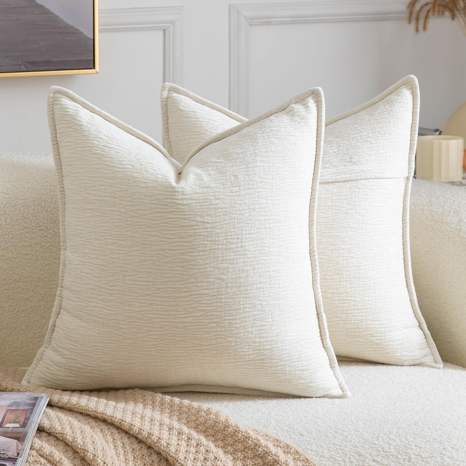 Madizz Pack of 2 Decorative Cushion Covers Soft Chenille Throw Pillows Solid Textured Throw Pillow Covers for Couch Sofa Bedroom Living Room 40x40 CM, Cream White — image 1
