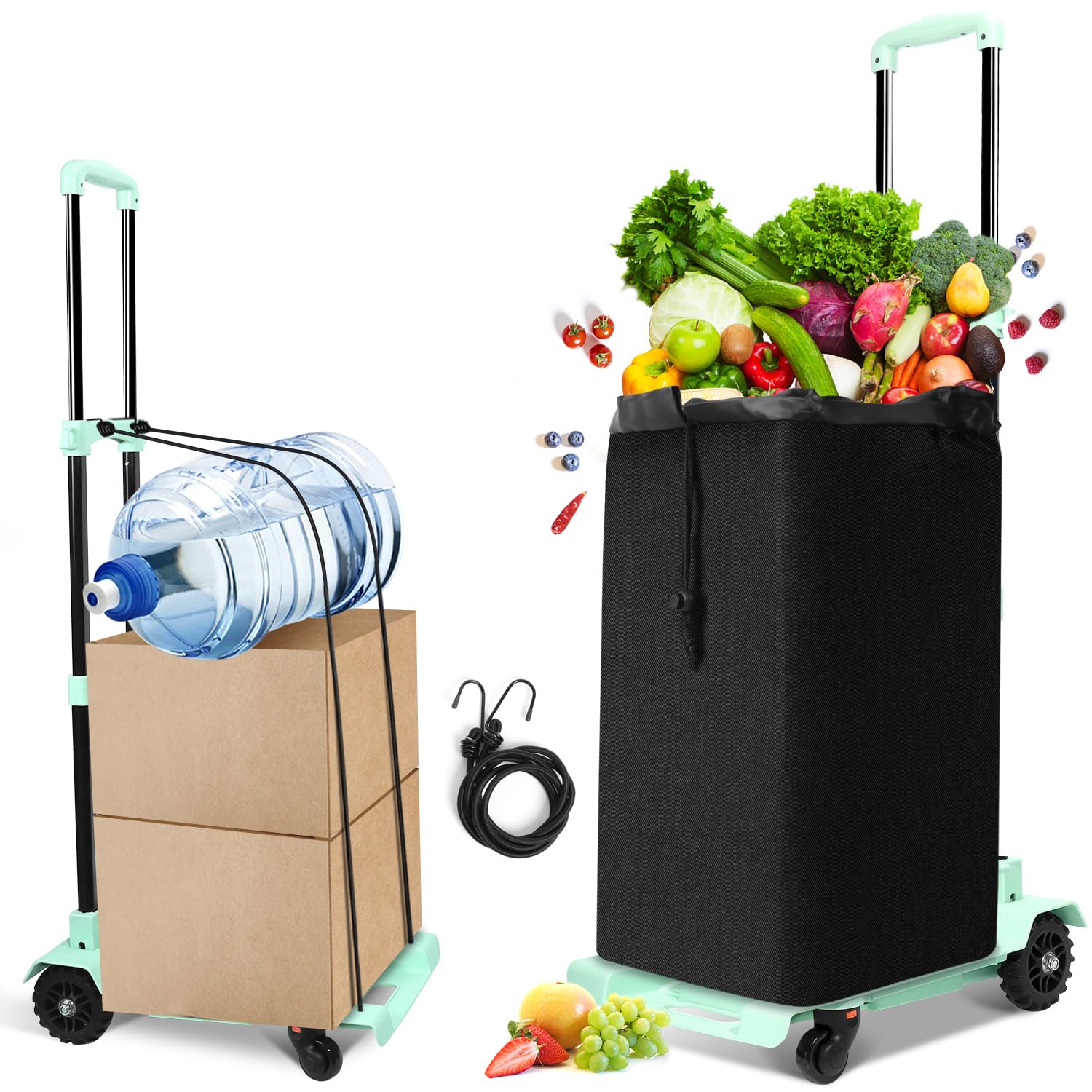 SELORSS2-in-1 Foldable Hand Truck Utility Cart, Portable Grocery Shopping Cart with Wheels and Removable Waterproof Bag, Collapsible Lightweight Large Capacity for Supermarket, Laundry, Camping