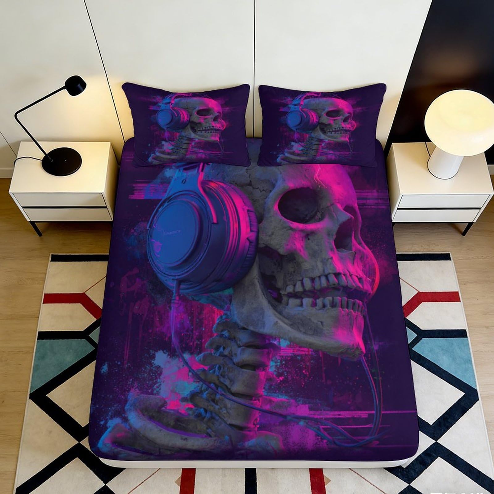 3D Printed Skull Headphones Fitted Sheet Microfiber Anti-Slip Neon Bed Cover for Bedroom Dorm Mattress Decor 116 140x200x25cm