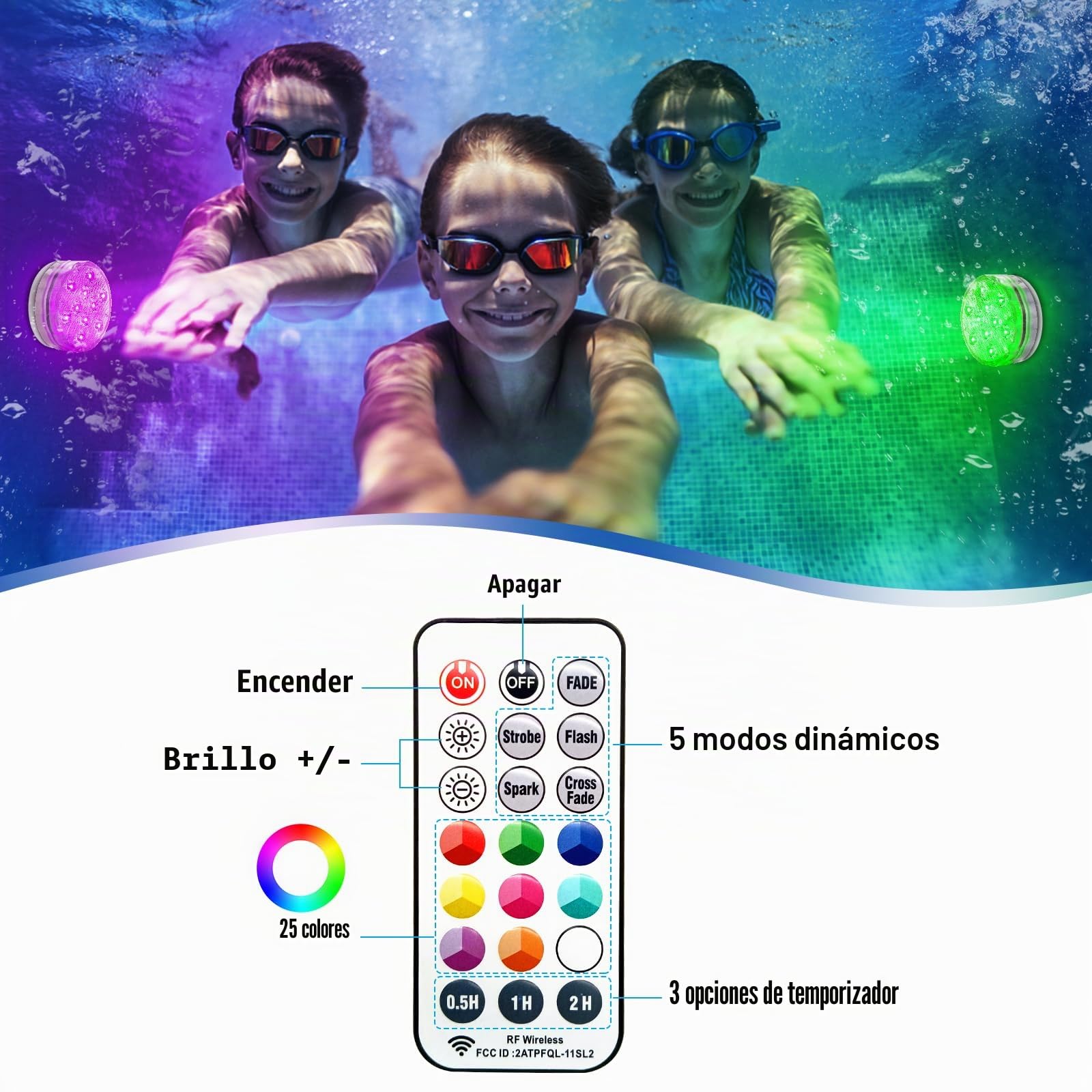 Qoolife Luces Sumergibles recargables, 3.3" USB Magnético RGBW Piscina Luz LED Impermeable Control remoto RGB cambiante Bajo el agua Luz para fiesta Florero de Navidad Tina de（2 Paquete）