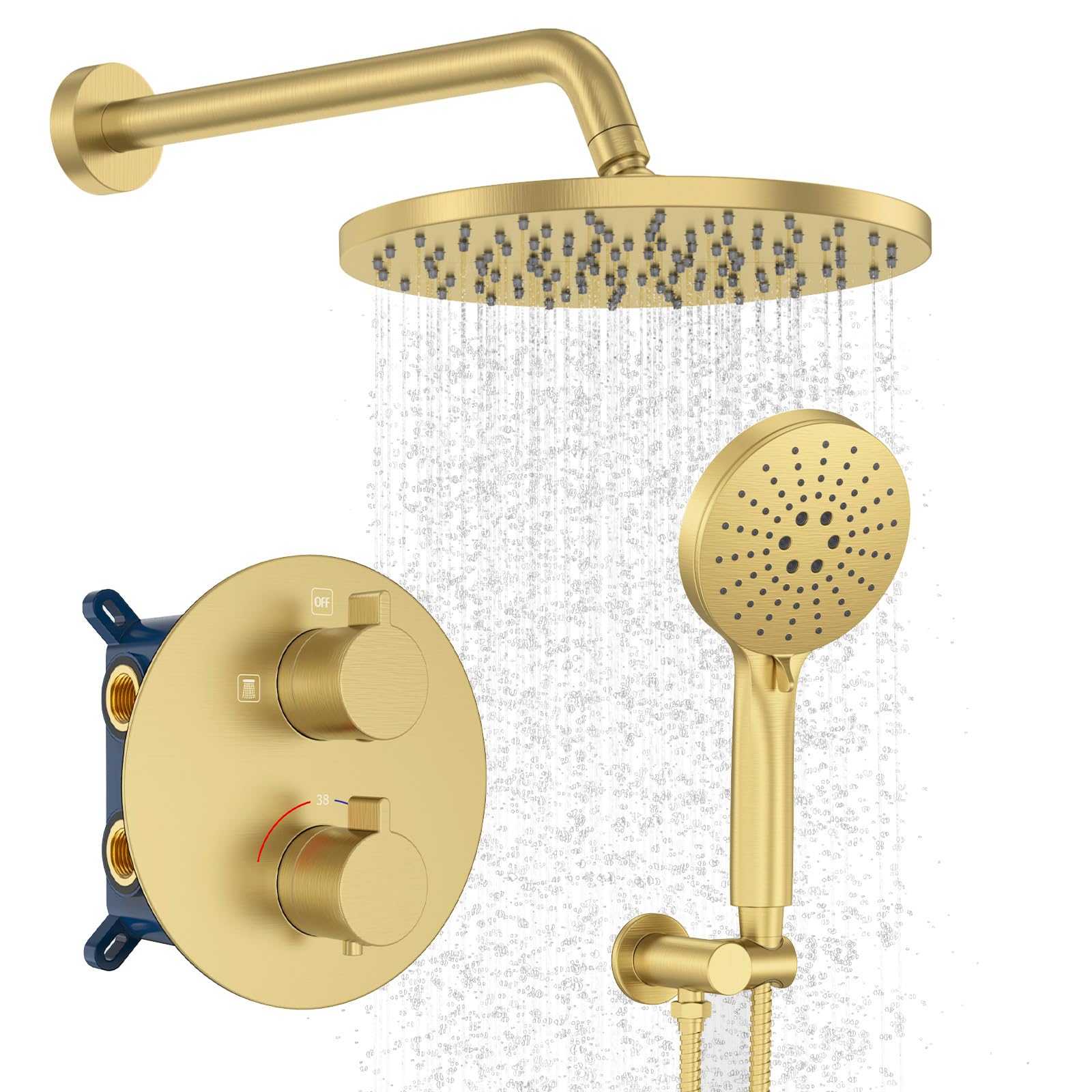 Iriber Thermostatic Shower System Wall Mount with 10 Inch Roud Rainfall Shower Head and Handheld,Shower Faucet Mixer Trim Kit (Valve Included),Brushed Gold