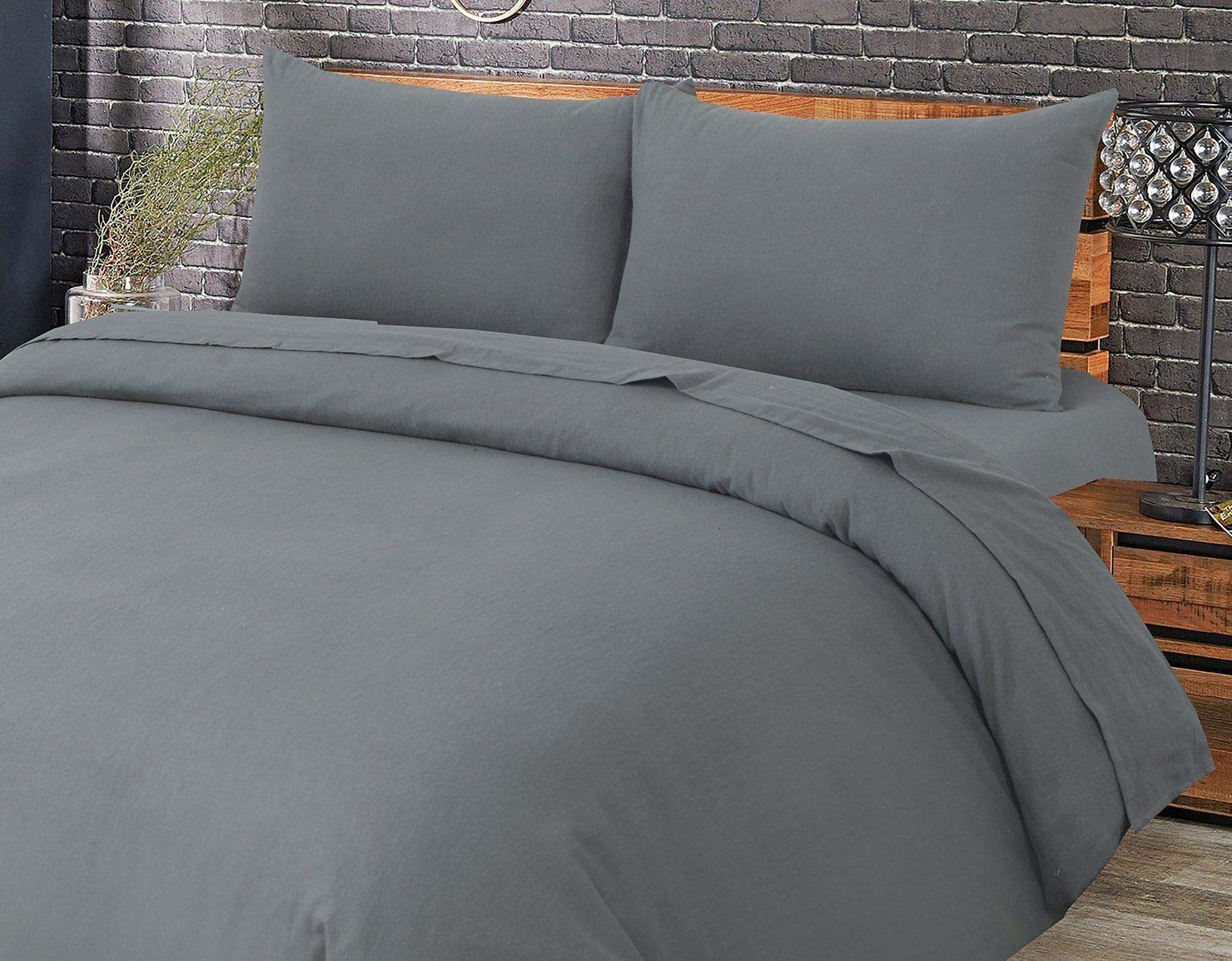 EHD Plain Flannelette 100% Natural Brushed Cotton Luxurious Duvet Cover Sets Reversible Bedding Sets With Matching Pillowcases (Grey, Double)