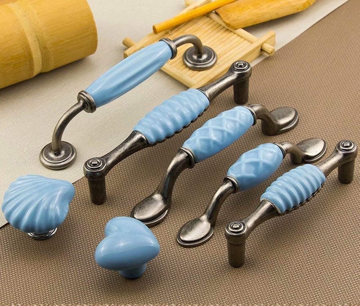Uchwyty ceramiczne, 5 szt. antycznych uchwytów do szafek kuchennych, uchwytów do mebli łazienkowych/sypialni, ceramicznych, niebieskich(Hole Distance 96 mm)