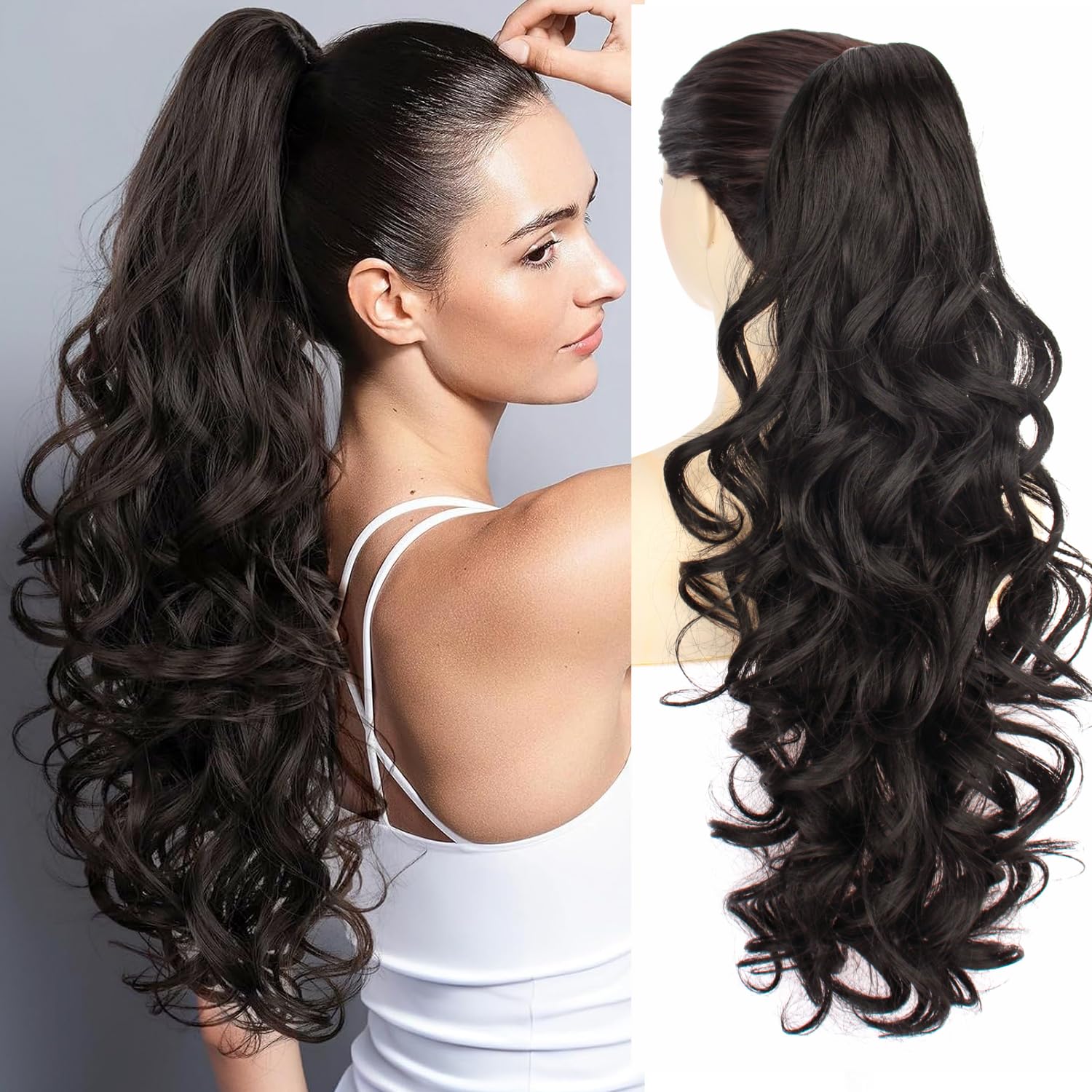 PORSMEER Ponytail Hair Extension Claw Clip in Ponytail Extensions Long Curly Wavy Ponytail Hair Extension Jaw Clip on Pony Tails Hairpiece for Women 26 inches (Black brown)