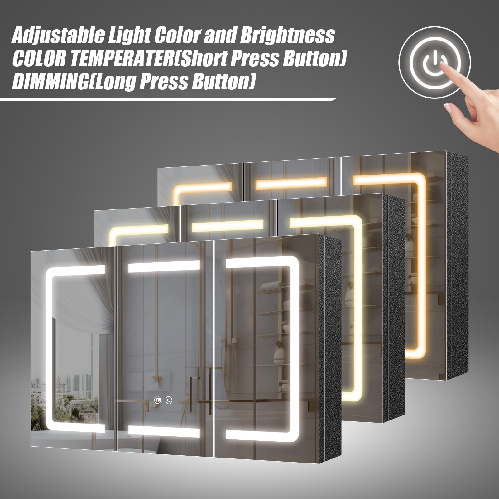 Armoire Miroir de Salle de Bain à LED avec éclairage LED et Prise, 100x60 cm, Murale Meuble Miroir Salle de Bain, Etagere Réglable, Anti-buée, 3 Couleur, Dimmable