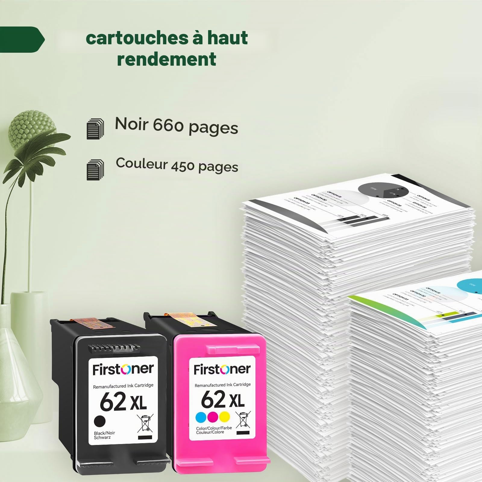 62XL Cartouche d'encre, 62XL Cartouches Noir et Couleur Remplacement pour HP 62 Cartouches d'encre pour Envy 5540 5541 5542 5640 5544 5546 5644 5646 OfficeJet 200 250 5740 5742 5744