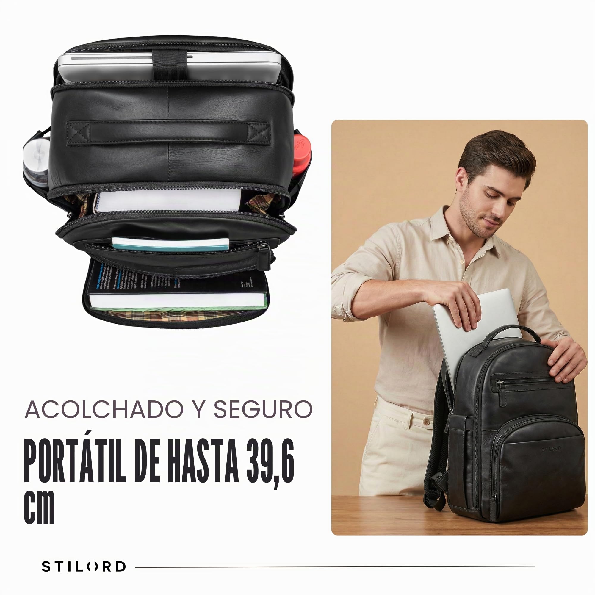 STILORD “Paco” Mochila Hombre Cuero Grande Business | Mochila Trabajo Hombre con Compartimento Portátil 15,6 Pulgadas | Bolso de Viaje Oficina Universidad Color:Negro