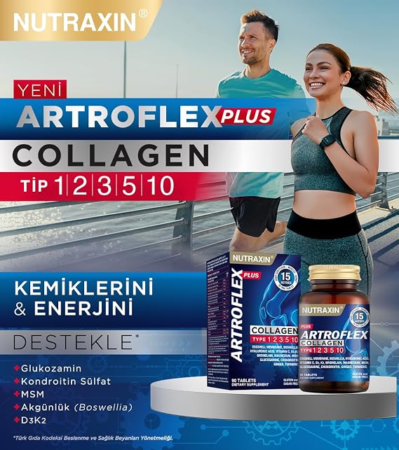 Nutraxin Artroflex Plus Collagen | Tip II Kolajen, Glukozamin, Kondroitin, MSM ve Hyalüronik Asit | Şeker ve Gluten İçermez | 90 Tablet