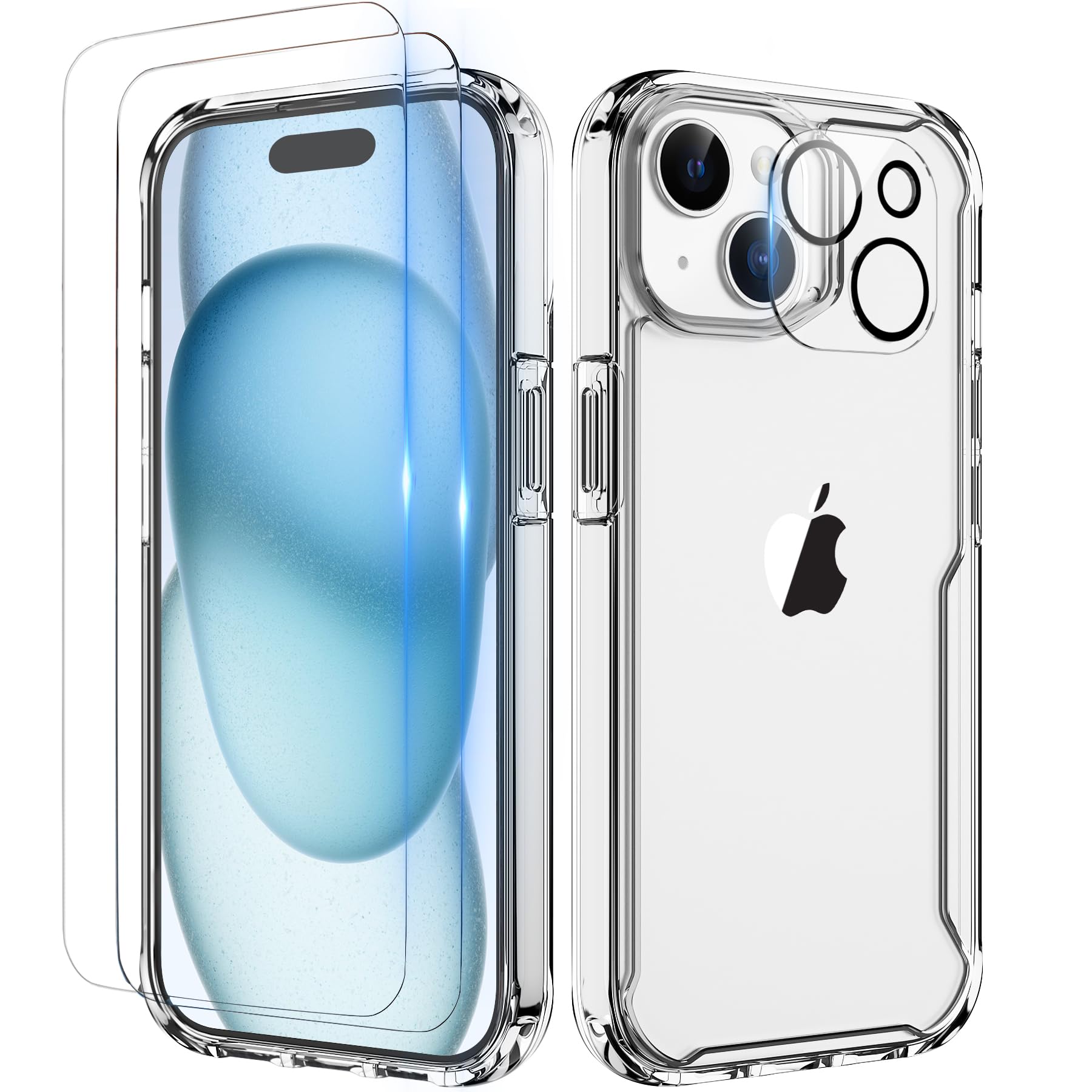 ORETECH Cover per iPhone 15, Custodia iPhone 15(6.1 Pollici), 2 Pezzi Pellicola Protettiva in Vetro Temperato & 1 Pellicola Fotocamera Antiurto Ultra Sottile Hard PC Silicone Cover - Trasparente