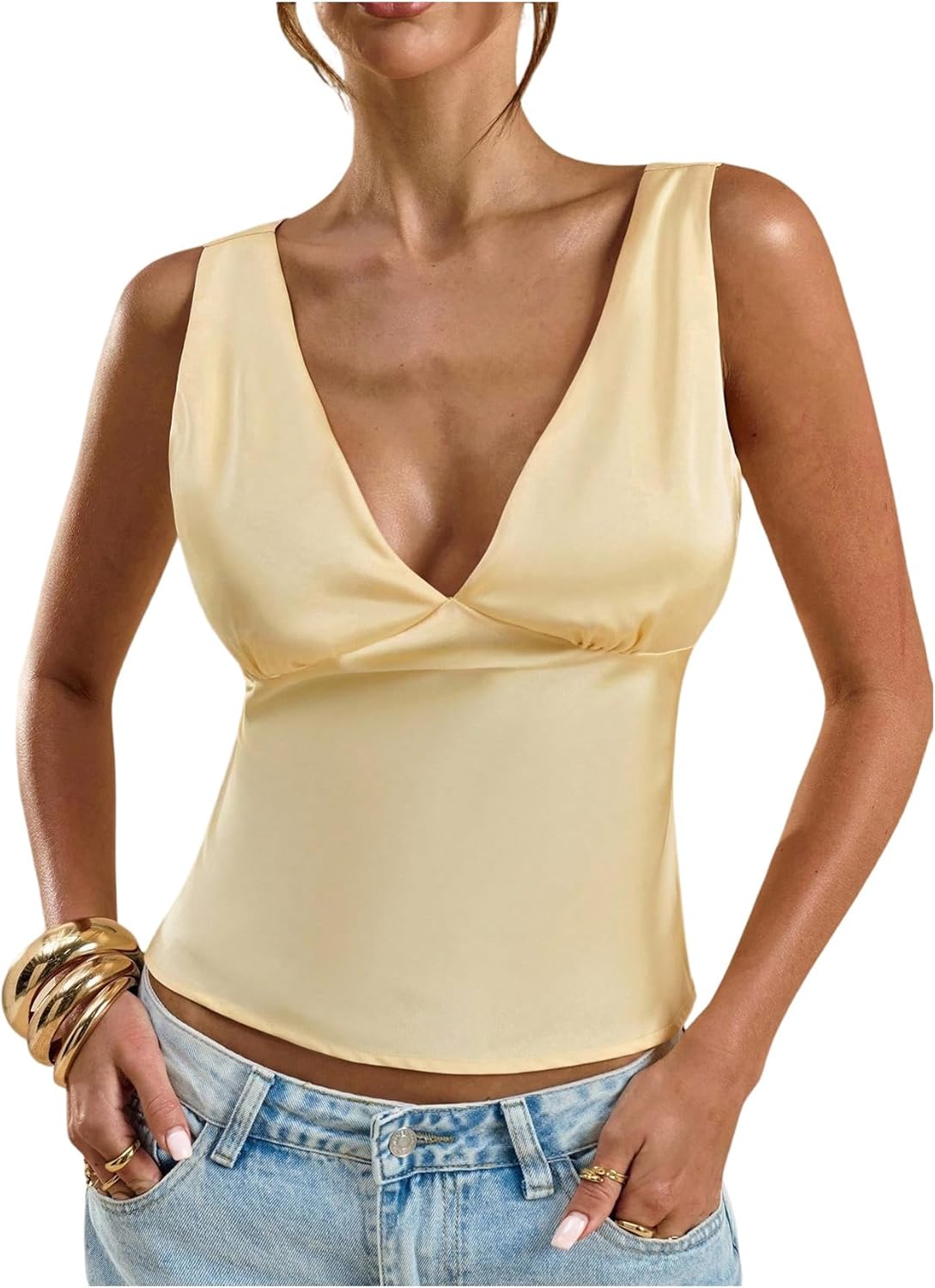 SOLY HUX Women's Satin Tank Tops V Neck Sleeveless Tie Back Silk Summer Going Out Top