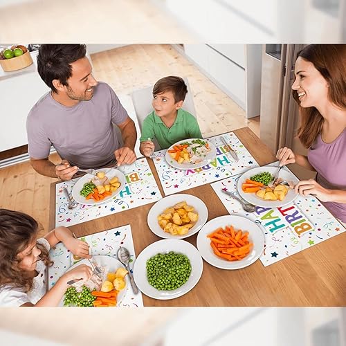 Miniatura 5 de Juego de 4 manteles individuales de tela de feliz cumpleaños para mesa de comedor, manteles individuales rectangulares de tela