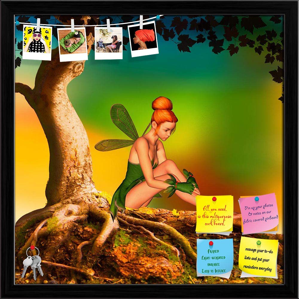 ArtzFolioFairy Sitting Under A Bonsai Tree | Bulletin Board Notice Pin Board | Vision Soft Board Combo with Thumb Push Pins & Sticky Notes | Black Frame | 12 x 12 inch (30 x 30 cms)