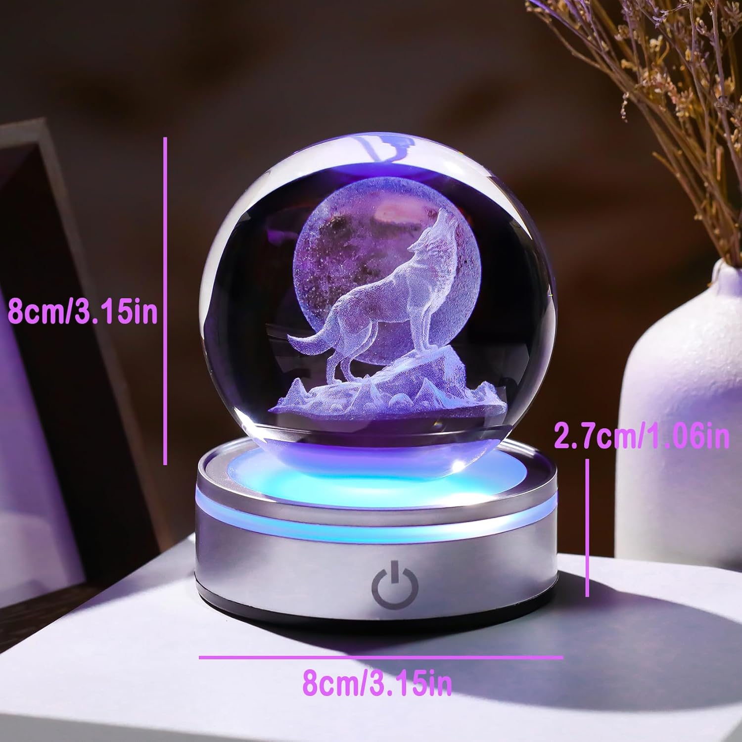 Crystal 3D Wolf 3.15in Ball Figurine Gifts for Men, Collectible Glass Animal Art Sphere for Room with LED Light Base Keepsakes for Wolves Lovers Home Decor Paperweight - Image 2